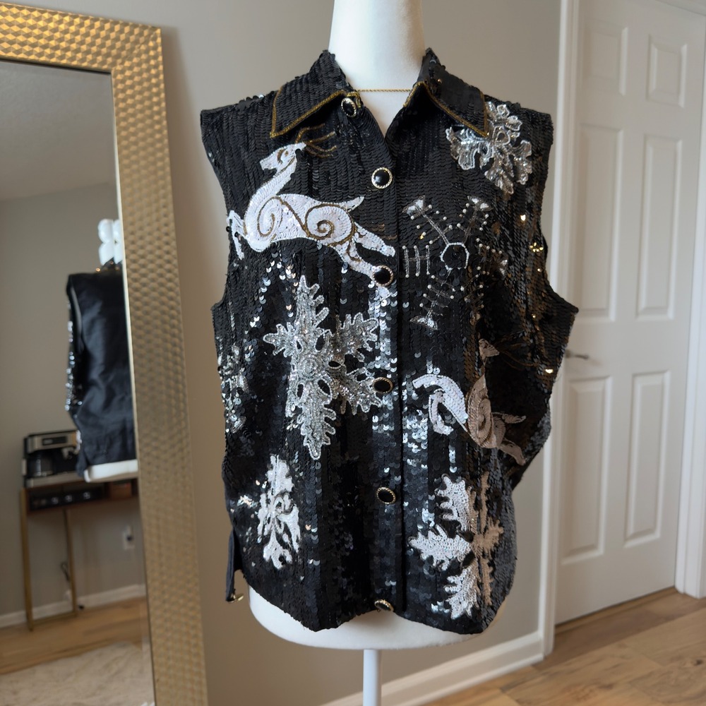 Modi Vintage Black Sequin‎ Christmas Vest Womens Snowflakes Reindeer Size M